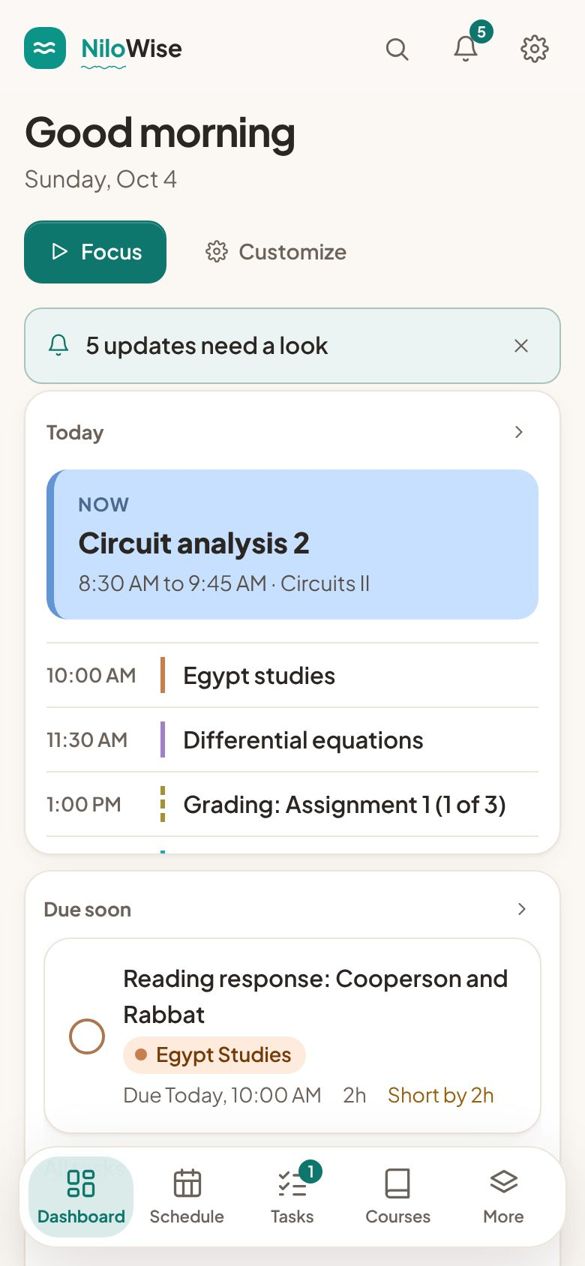 NiloWise on a phone: today's classes and what is due