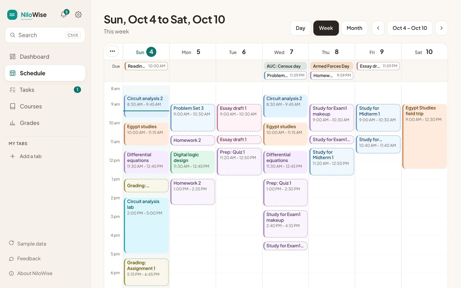 The NiloWise week: classes, deadlines and planned study sessions in one calendar
